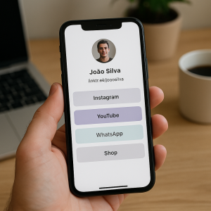 Mão segurando um smartphone que exibe a interface do Linktree com links para Instagram, YouTube e WhatsApp.