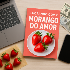 E-book Morango do Amor sobre mesa com morangos, celular e dinheiro ao lado