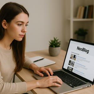 Mulher concentrada digitando em um laptop que exibe o site NeoBlog, em uma mesa de trabalho minimalista com uma planta.