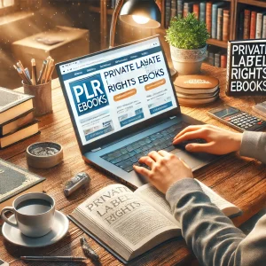 Homem trabalhando em um laptop que exibe uma página sobre PLR (Private Label Rights), cercado por livros e máquina de escrever antiga.