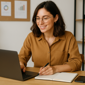 Mulher sorrindo e escrevendo em um caderno enquanto trabalha em um laptop, em um ambiente de escritório com pilhas de livros e plantas, representando a criação de produtos digitais.