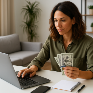 Mulher segura notas de dólar enquanto usa notebook.