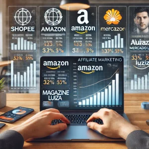 Homem trabalhando em laptop com gráficos comparando programas de afiliados (Shopee, Amazon, Mercado Livre, Magazine Luiza), com avatares de celebridades no fundo.