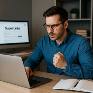 Homem concentrado e com expressão de determinação, olhando para um laptop e monitor que exibe o termo "Super Links", em um ambiente de escritório.