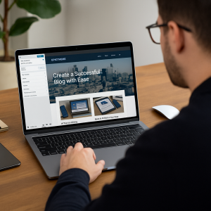 Homem trabalhando em um laptop que exibe o tema Épico do WordPress em um ambiente de escritório com uma planta.