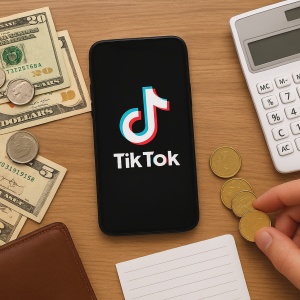 Smartphone com logo do TikTok ao lado de dinheiro e calculadora.