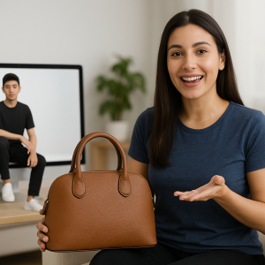 Mulher sorrindo segurando uma bolsa marrom, com um avatar masculino sentado em um monitor de computador ao fundo, ilustrando a criação de vídeos de produto com IA.