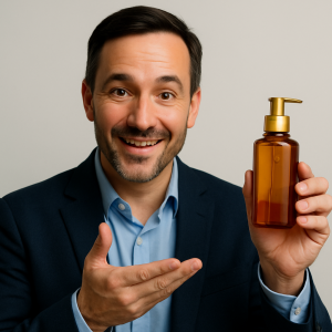 Homem sorrindo e gesticulando, segurando um frasco marrom com pump dourado, em um contexto de criação de vendedor virtual por IA.