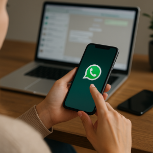 Mulher tocando a tela de um smartphone que exibe o logo do WhatsApp, com um laptop e uma planta ao fundo, representando otimização de vendas.