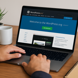 Homem digitando em um MacBook Pro com o site do WordPress aberto, em uma mesa de madeira com uma caneca branca e uma planta.