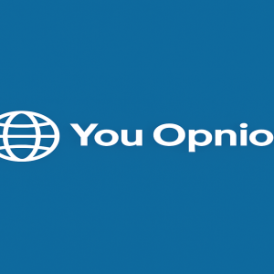 Logo e nome da plataforma You Opinion em uma tela azul escura, simbolizando a oportunidade de renda extra ao compartilhar opiniões.