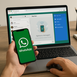 Mão segurando um celular com o logo do WhatsApp na frente de um laptop que exibe a interface de automação do Zap Suite.