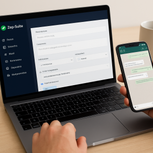 Dashboard da Zap Suite no notebook e conversa do WhatsApp no celular, ilustrando automação de vendas.
