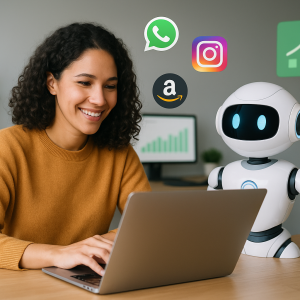Mulher usando notebook com robô ao lado ajudando em tarefas digitais.