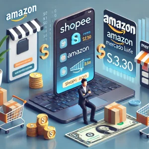 Texto Alternativo (Alt Text): Ilustração 3D comparando programas de afiliados (Shopee, Amazon, Mercado Livre, Magazine Luiza) com dinheiro, caixas e carrinhos de compra.