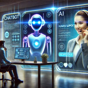 Profissional interagindo com um chatbot e uma assistente virtual de IA em ambiente corporativo futurista.