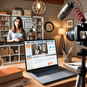 Mulher gravando um curso online em um estúdio caseiro, com câmera, microfone e laptop exibindo software de edição de vídeo.