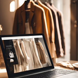 Laptop exibindo um site de e-commerce de roupas em um ambiente de loja ou boutique com roupas penduradas e uma xícara de café.