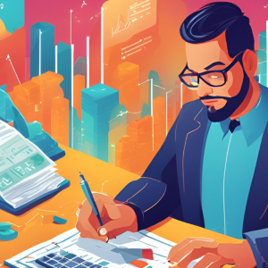 Ilustração digital de um empresário focado, de óculos, sentado à mesa, analisando documentos financeiros e rodeado por gráficos de crescimento de negócios.