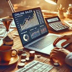 Mesa de trabalho com laptop exibindo gráficos de "Online Sales" com picos e quedas, moedas espalhadas, calculadora e ampulheta, ilustrando a gestão de oscilações de receita.