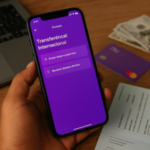 Pessoa segurando celular com tela de transferência internacional do Nubank