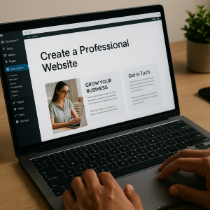 Mãos digitando em um laptop que exibe um construtor de sites com o título "Create a Professional Website" e uma imagem de uma mulher.