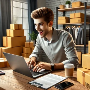Jovem empreendedor animado trabalhando em um laptop em um armazém ou escritório de e-commerce rodeado por pilhas de caixas de papelão.