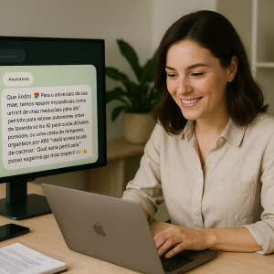 Mulher sorrindo, trabalhando em um laptop com um monitor que exibe uma conversa de chat de IA, possivelmente o agente Zaia para WhatsApp.